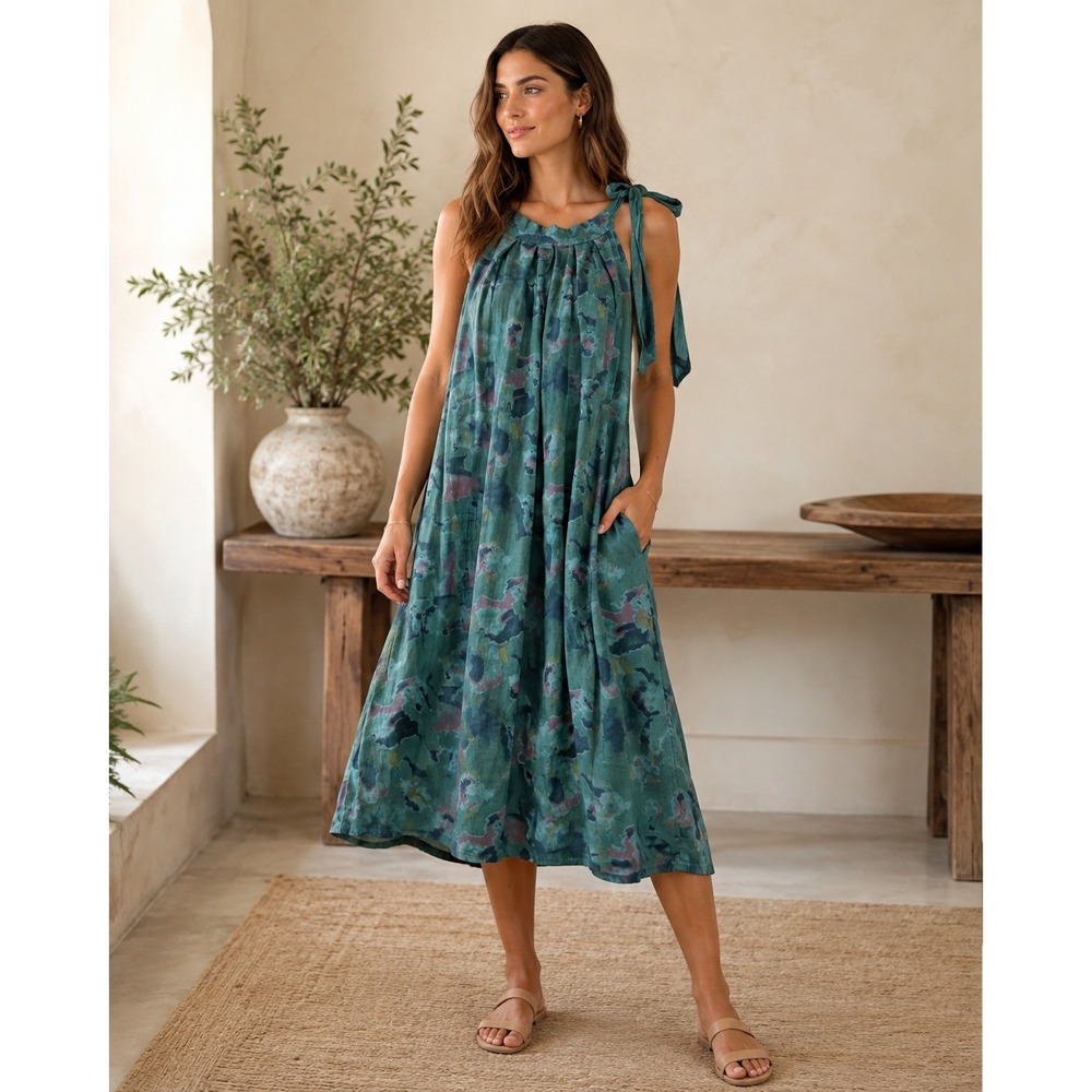 384. Boho Green Tropical Abstract Floral 100% Linen Tie Shoulder Shift Dress